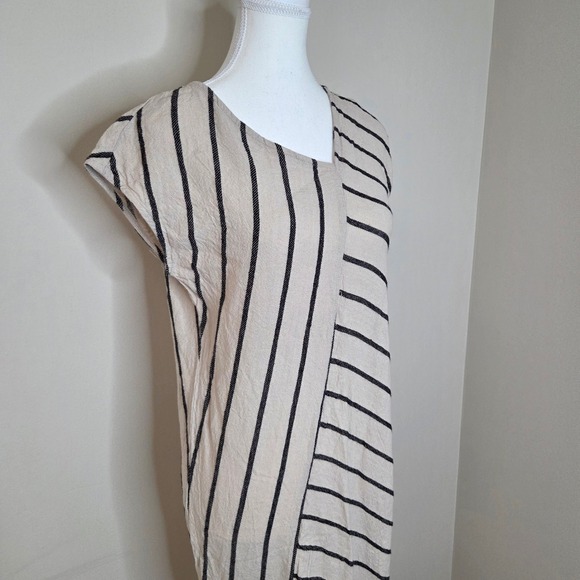 Tahari Striped Asymmetrical Midi Dress Linen Viscose Beige Black Size S - Picture 2 of 7